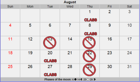 Calendar of classs schedual for August.