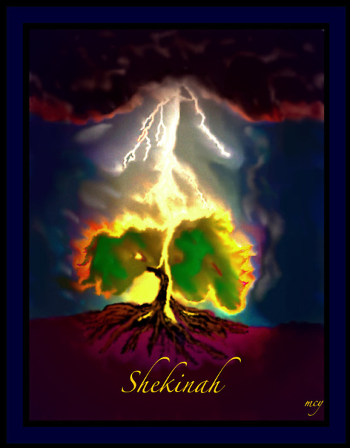 pictorial of Shekinah-a picture of a tree in water colors being struck by lightening from a clou an surrounded by a dark background